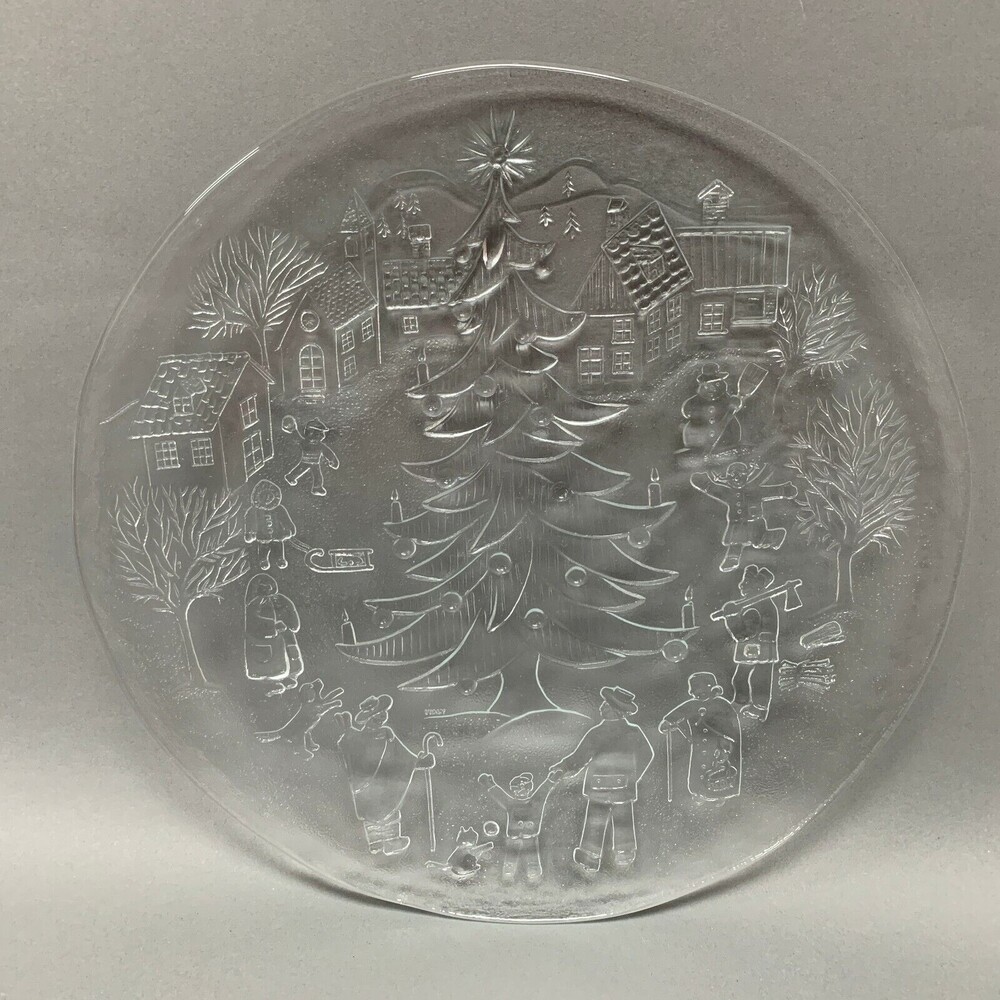 Clear Glass Decorative Chop Serving Platter Plate Christmas Tree Snowman Holiday